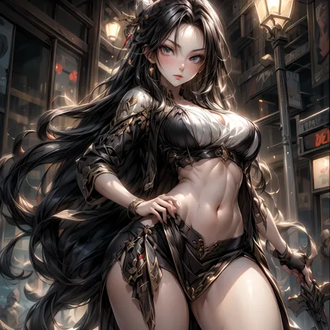 ((best quality)), ((Masterpiece)), ((Enrich the picture，Masterpiece level quality)), ultra background details, an image of a beautiful cyberpunk woman, mature woman, fierce woman, medieval theme, cyberpunk, soul reaper woman, hips up, fantasy, ((black hair...