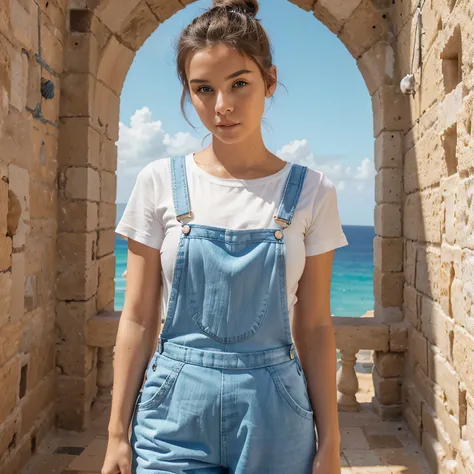 a beautiful young woman in malta, comino island, overalls with t-shirt, light blue fabric, high bun hairstyle, beautiful detailed eyes, looking at camera, sexy figure, full body