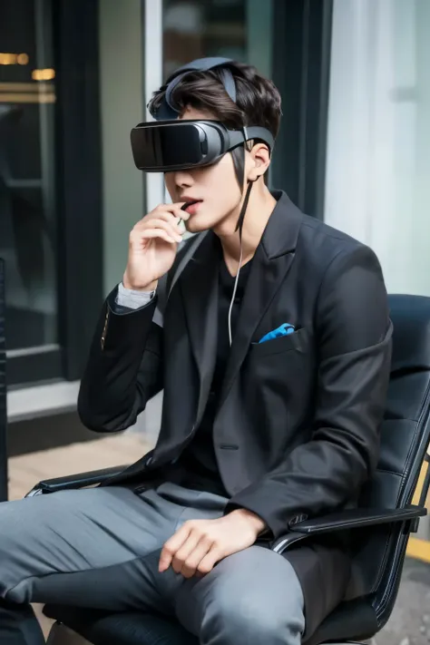 Best Quality, Very detailed, male, 30th Generation, Japanese, Gaming Chair, VR goggles, Smoking a cigarette, Sitting in a chair, headphone