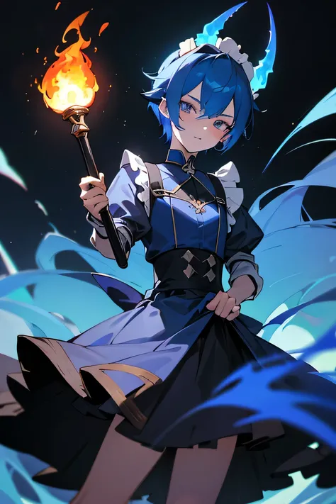 beautiful boy, standing, holding fireball in hand, blue fire, demonic horn on head, horn on right side, dark hair on tips blue, tips of hair burning a little, femboy, maid outfit, blue fire in hand, blue fire on tips of hair, demonic tail, feminine body, b...