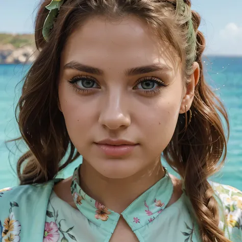 a beautiful young woman with detailed eyes, beautiful detailed lips, extremely detailed eyes and face, long eyelashes on Comino Island, wearing a floral jumpsuit in light green, hair tied in a low ponytail with some loose strands, looking directly at the c...