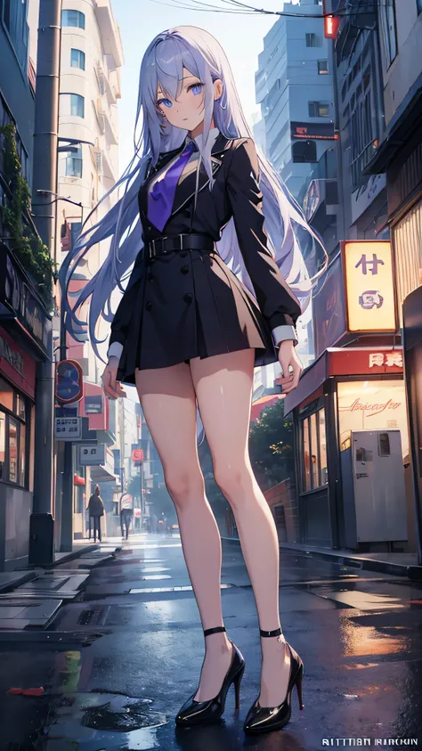 Anime girl standing on city street with long hair and blue eyes, trending in ArtStation Pixiv, purple eyes, blue tie, beautiful (detailed eyes, detailed face,) Ahegao, euladef, noble temperament, high heels, no watermark