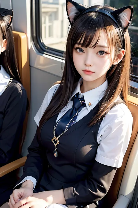 Masterpiece,16K, bokeh,

Beautiful school girls sitting in a train,
school uniform, (Cat ears:1.3),
full body, (close up:1.4),(From below:1.3)