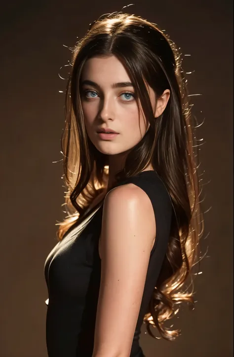 Millie Brady with small breasts, professional photograph, dark background, light clothing, detailed face, beautiful eyes, detailed lips, long eyelashes, photorealistic, 8k, high quality, masterpiece, cinematic lighting, dramatic lighting, dramatic shadows,...