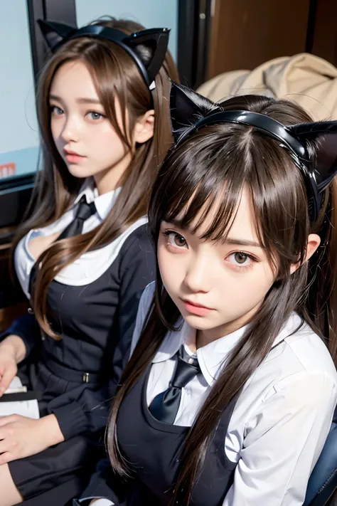 Masterpiece,16K, bokeh,

Beautiful school girls sitting in a train,
school uniform, (Cat ears:1.3),
full body, (close up:1.4),(From below:1.3)