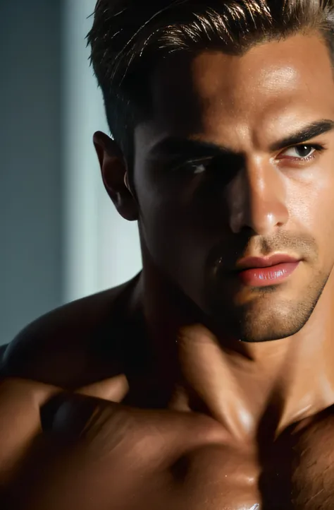 A muscular boy, close-up portrait, short light-colored hair, a handsome youthful face, a rosy healthy complexion, luminous eyes, red lips, a strong muscular chest and abs, solid toned robust physique, visible muscle and fat, tanned skin, close-up, hardcore...