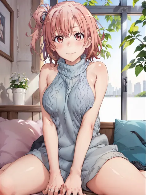 (Best Quality, High resolution, Pixel perfect, Depth of written boundary, 4K, Beautiful Anime Girls),
Watching the audience,
Perfect body,
yuigahama yui, Short Hair,
(Make the whole face blush:1.1), smile、
virgin killer sweater, Grey sweater、
Spr...