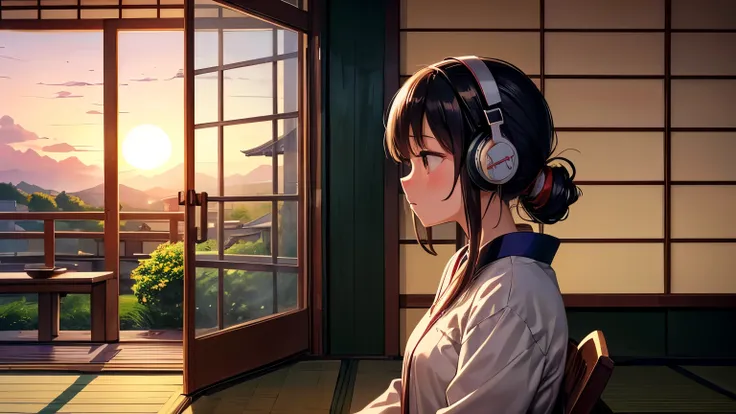 A girl wearing headphones listens to music while quietly spending the evening in a traditional Japanese house (kominka). The scene captures her profile as she gazes outside, enjoying the tranquil atmosphere of the setting sun. The entire setting is illustr...