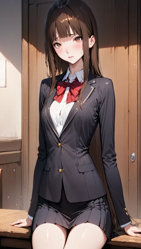 ((masterpiece,Best Quality:1.3,best quality illustrations,realistic)),cowboy shot,portrait,1 woman,young adult,straight long hair,brown hair,(very small head:1.3), bangs,brown eyes,(gorgeous eyes),shy,very long body,small breasts,(School uniform,Black blaz...