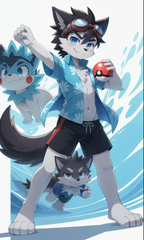 score_9,score_8_up,score_7_up, source_cartoon, source_furry, Furry shota, wolf, black hair, messy spiky hairstyle, long Big messy spiky ponytail, blue eyes, wolf ears, detailed body fur, ((goggles, blue aloha shirt, open clothes, black swim trunks)), looki...