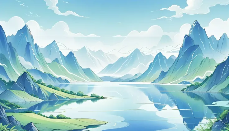 mainly line illustrations，simplicity，big scene，depth，lake，distant mountains，in blue、mainly green