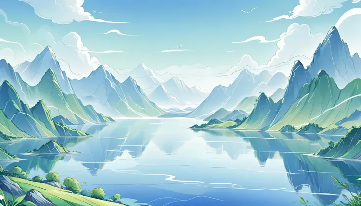 mainly line illustrations，simplicity，big scene，depth，lake，distant mountains，in blue、mainly green