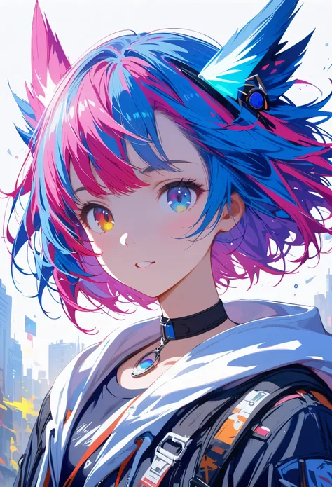 {{masterpiece,Best Works}}, high quality, Ultra-detailed CG Unity,8k wallpaper, Lens flare, (Detailed beautiful eyes),particle,Miss,Berry short hair,[Cool face,((Colorful mechanical hair)),rainbow eyes,Heterochromia,What&#39;s the big deal?,黑紫色Body,Inorgan...