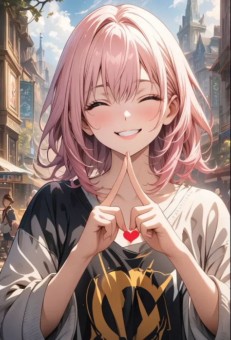 masterpiece, Highest quality, Highly detailed CG Unity 8K wallpapers, High School Girl Anime Illustration. Wear oversized clothing、making a heart with fingers, she has her eyes closed and mouth open, smile. Realistic Backgrounds, 3Dart, pink hair color, 青い...