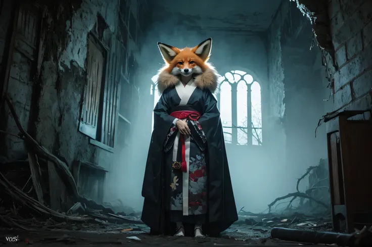 ③）Create an ultra-realistic 8K resolution image of a character inspired by a fox, transformed into an ultimate horror figure (Ultimate Horror). The character retains the distinct features of a fox, such as fox-like ears and an elongated, vulpine face, comb...