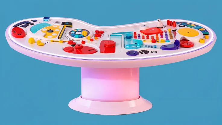 A futuristic control panel shaped like a smooth, curved table, featuring a variety of colorful buttons, dials, and symbols arranged in a complex pattern. The surface is illuminated by soft, glowing purple lights along the edges, enhancing the high-tech and...