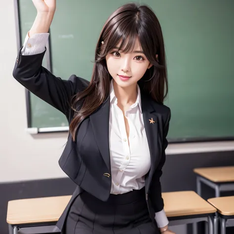 realistic,, one korean woman, (tight teacher outfit), blazer outfit, tight black skirt (full bang)), beautiful brown hair ,((layers hair)), ((japanese hair))., highlighting cheerful expression,, while carrying books, in classroom, fit center ,blackboard, i...