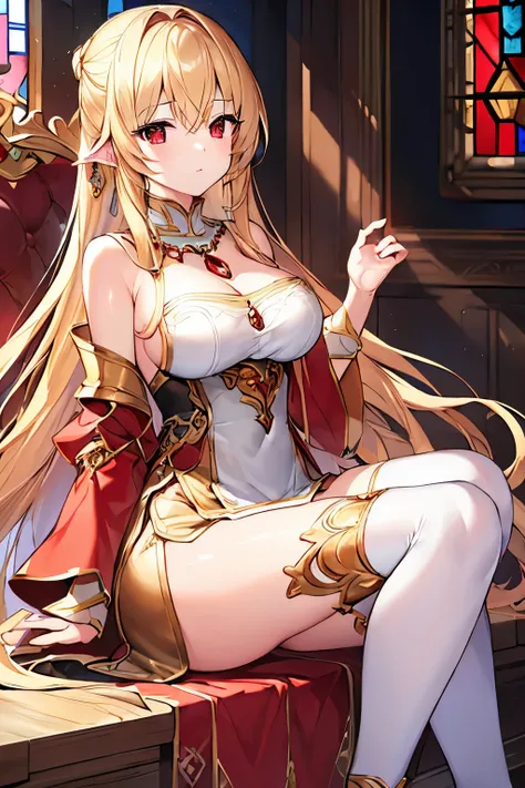 (4K、masterpiece、Best Quality、High image quality、Detailed light、Detailed Shadows、Detailed Design)、1 girl、Blonde、Long Hair、Golden decoration、White clothes、Knee socks、necklace、Fantasy、Red Gem、Large Breasts、Red Eyes、Stained Glass、