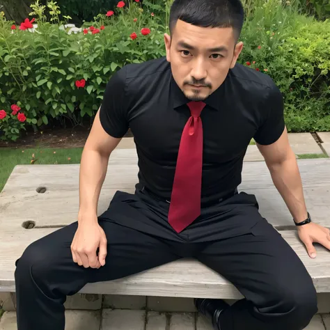 40 years old,One Man、Combatant、Black Shirt、Red tie、Black slim pants、garden、lawn　bench ,Black Hair、Very short hair　Buzz cut、Perm Head、Asian Face　Stubble、Father、View from below　Upper body close-up　The crotch area of my trousers is swollen、Black socks