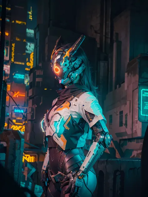 1girl, a beautiful girl cyborg cyberpunk with a cyberpunk city tall buildings, white hair, cybermask, white and orange and black machine suit color combination, the body full of machine, realistic futuristic hologram, asian skin tone, beautiful eye, beauti...