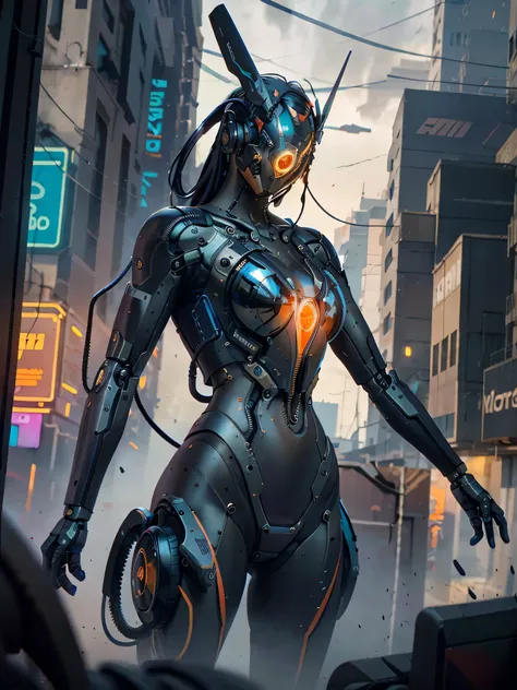 1girl, a beautiful girl cyborg cyberpunk with a cyberpunk city tall buildings, white hair, cybermask, white and orange and black machine suit color combination, the body full of machine, realistic futuristic hologram, asian skin tone, beautiful eye, beauti...