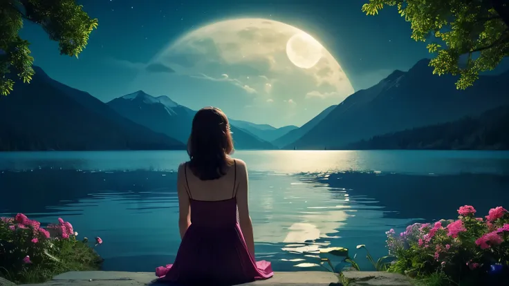 Lake at night、Big full moon、Big semicircular moon、Beautiful symbolic flowers bloom on the lakeside, a woman in her twenties gazes out at the lake、Vast night sky、A soothing, sleep-inducing atmosphere、Peaceful、Shine、Fantasy、Cinematic、8K、Ultra HD. 