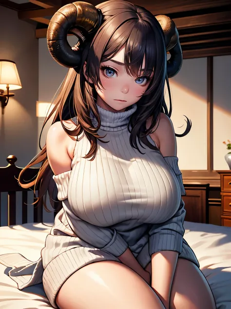 ((Seductive lady:1.3, solo:1.2))、((fusion of sheep and lady:1.3))、((big sheep horn:1.3))、((cowboy shot:1.3))、((at the bedroom:1.4))、((on the bed:1.3))、 ((wariza:1.5))、((off-shoulder sweater:1.5))、((white sweater:1.5))、((sleeveless:1.3))、((breasts close-up)...