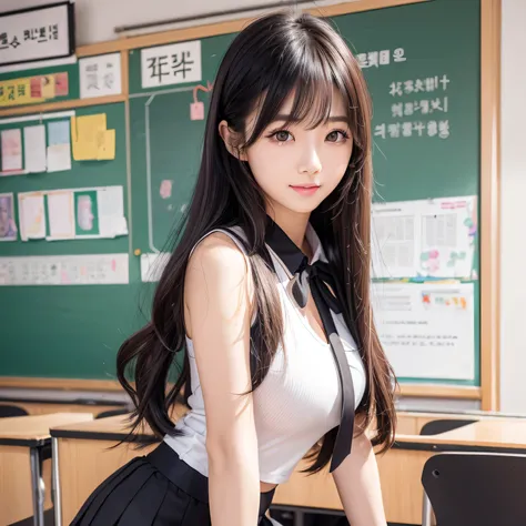 realistic,,korean woman, (tight lecturer outfit), sleeveless outfit, ribbon, tight black skirt (full bang)), beautiful blonde long hair hair ,((layers hair)), ((japanese hair))., highlighting cheerful expression, carrying books,,, in school, cleavage, elem...