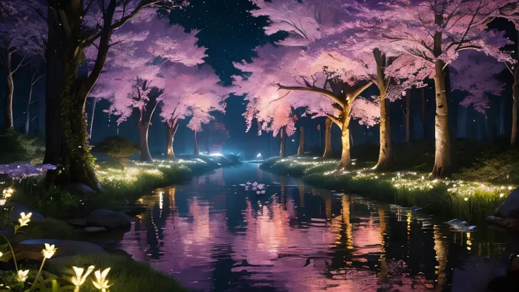 forest、evening、full moon、A stream flows、Beautiful flowers々is in full bloom、Fantasy、A soothing and sleep-inducing atmosphere、Mysterious、You can see the starry sky、firefly、Beautiful small flower、Painterly、Cinematic、Cinematic、High image quality、8k。