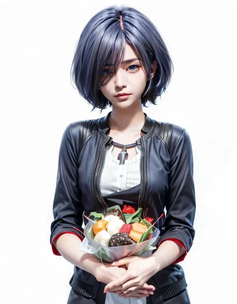 Touka Kirishima, Tokyo Ghoul, Red eyes, The whites of the eyes are black, blue-violet hair, beautiful and calm facial features, short hair covering the left side of her face, red eyes, colored sclera, black sclera, wings, red wings  ghoul wings, kagune ، B...