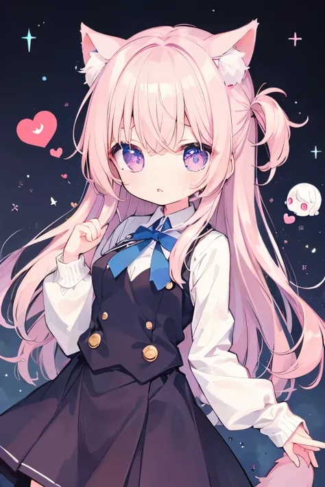 Navy Uniform、Elementary school girl、Light pink hair,Very beautiful and Shining Eyes、Shining Eyes、1 girl、Large Breasts、cat ears、(((((Small body)))))、heart❤、((sweat、vapor)）