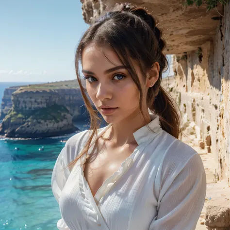 1 beautiful detailed girl, sexy jumpsuit, flowing white fabric, low ponytail hairstyle, beautiful detailed eyes, beautiful detailed lips, extremely detailed face, full body, island landscape, Gozo Island, 8k, hyper detailed, photorealistic, cinematic light...