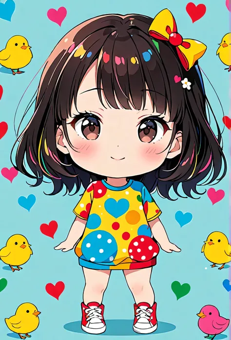 Ultra-realistic Yayoi Kusama colorful style, Simple lines acronym abstract art，(((The most beautiful woman of all time))), (((Chibi))), Colorful hearts, Cute design, Sports Fashion, Dark Eyes, (((happy holiday))), (((Cute chick)))