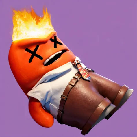 A small, fiery character with an intense expression, lying flat on its back, wearing a white shirt, brown pants, and a red-striped tie. The character has crossed-out eyes and flames coming out of its head, symbolizing exhaustion or defeat, but with an unde...