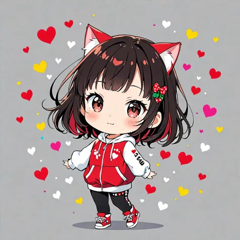 Ultra-realistic Yayoi Kusama colorful style, Simple lines acronym abstract art，(((The most beautiful woman of all time))), (((Chibi))), Colorful hearts, Cute design, Sports Fashion, Dark Eyes, (((happy holiday))), (((Cute Kitty)))