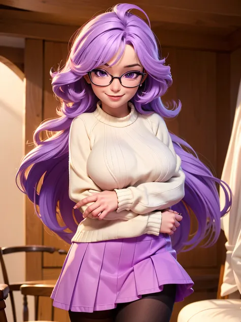 masterpiece, best quality, 1girl, ((looking at viewer)), lilac hair, purple eyes, long hair,  ahoge, sweater, sweater skirt, pantyhose, 163cm, hair between eyes, large breasts, adult, 3, mature, glasses, solo, sole, smile,  renatadaninsky 