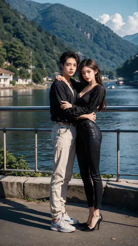 Michael Ashford, 2, asian, is with Cindy Yuvia at the bridge hugging, both wearing black clothes, beautiful background scenery, hd 4k, ultra realistic, full body photo