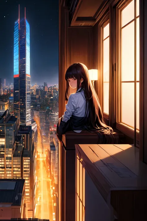 ((Best Quality)), ((masterpiece)), (detailed), Album artwork, Night view, Fantasy, Buildings, View from the study room, Through the window, Skyscrapers, night, Around town, Backwards, Diagonal back view, Upper Body, girl, Long hair,