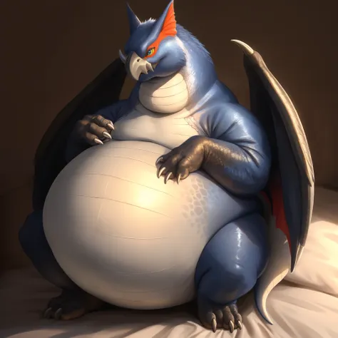 (((detailed eyes, detailed face))), (feral, nargacuga wyvern, wings, winged arms), male, (plump),(inflated belly) laying on bed,...