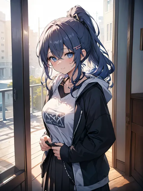 One Girl, Curly Ponytail, smile, blue eyes, Turning sideways to face the viewer,Wear a hoodie, (living）, (（morning）), masterpiece, 8k, Perfect lighting, The perfect outfit, Perfect Anatomy, Sharp resolution, Shallow depth of field, Soft Shadows, Casual and...