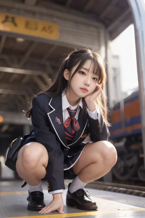 masterpiece, 4k, Bokeh, beautiful face,
School uniform, Blushed face, Plump breast,
Squatting in train station, (From below:1.3)