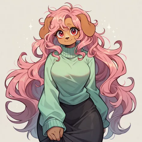 score_9, score_8_up, mobian, dog, solo, floppy ears, brown fur, oversized sweater, black skirt, medium breasts, curly pink hair, messy hair, long hair, red eyes, curvy, two-tone beige muzzle, spot on eye, shimmering eyes, small smile