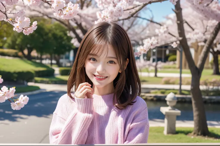 Best Quality　masterpiece　detailed　A super cute girl is smiling and looking at pink cherry blossoms　Yellow Sweater　Blue Sky　Pastel colors　Fantasy