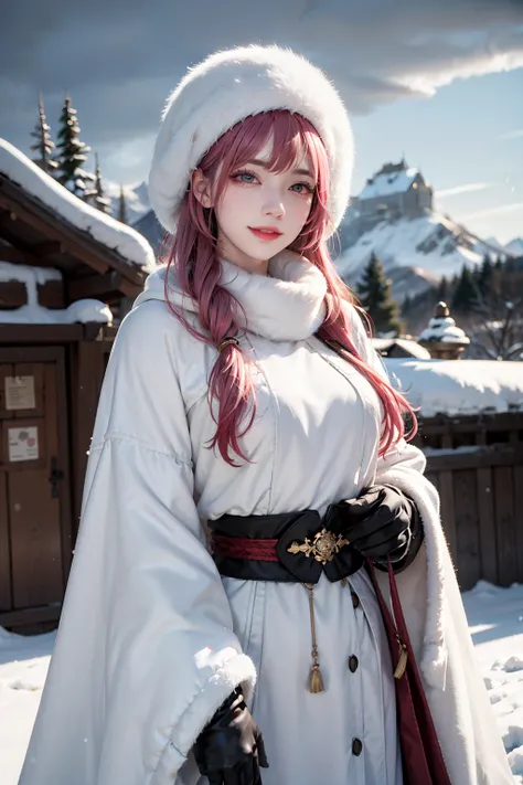 1Women, early 20s, short silky pink hair, pink haired, mascara, eyeliner, smokey eyes, seductive smile,golden eyes, white clothes, fur mantle , covered, angelic, winter clothing, winter clothes, heavy cloak, winter hat, winter, snow, scarf, gloves, fantasy...