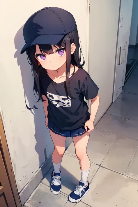 Elementary school student, , toddler, flat chest, black hair, long hair, purple eyes（（One person）） Baseball Caps　Black short-sleeved T-shirt　Navy blue denim mini skirt　white kids panties （（White panties are visible））White socks　sneakers　 Apartment hallway　...