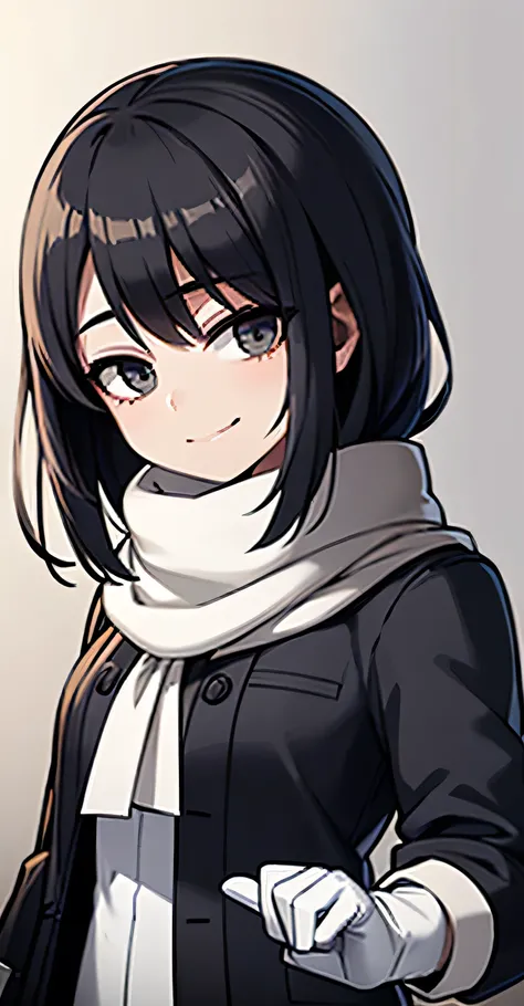 A black down jacket over a white shirt、Grey trousers、A grey scarf that reaches down to the mouth、Black Hair、woman、White Breath、smile、Cover your mouth with gloves、Hair fluttering