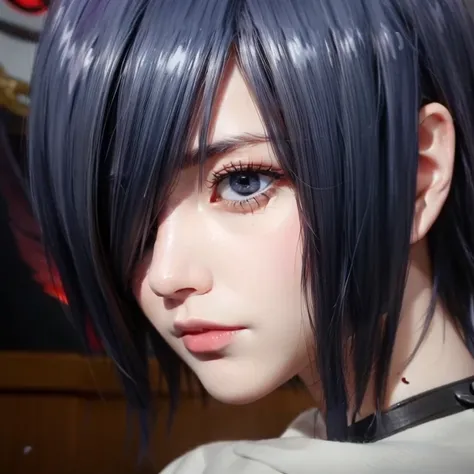 Touka Kirishima, Tokyo Ghoul, Red eyes, The whites of the eyes are black, blue-violet hair, beautiful and calm facial features, short hair covering the left side of her face, red eyes, colored sclera, black sclera, wings, red wings  ghoul wings, kagune ، B...