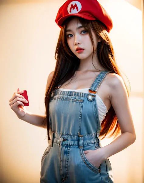 Masterpiece, best quality, 8k UHD, RAW photography, photorealistic, cinematic, 1girl, with long flowing hair, wearing a Mario costume of the videogames Super Mario, standing in a shy pose with her hands behind her back, magical atmosphere, simple white bac...