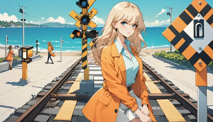 80s city pop style illustration, orange color scheme, railroad crossing, ocean view, female photographer,