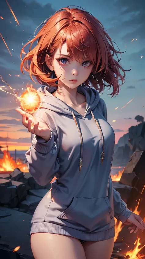 One girl，Red pixie cut，((Hide one eye))，((Transparent purple eyes))，((Fire Mage))，((4K，8k，CG Unity，Masterpiece，masterpiece，Best Quality:1.5))，Official image，Perfectly correct anatomy，((Realistic:1.2))，Bust Up，((Rin々A look of determination))，((Hair swaying ...